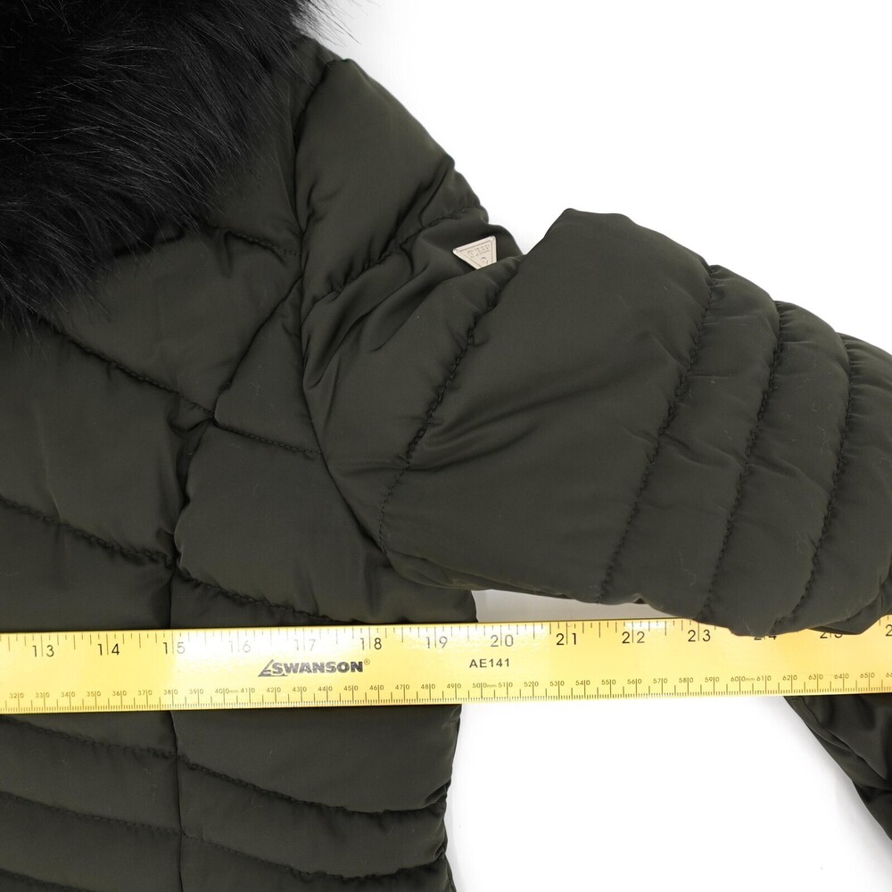 GUESS Jacket Womens Large Green Puffer Hood Faux Fur Trim Zip Pockets Warm - Picture 5 of 16